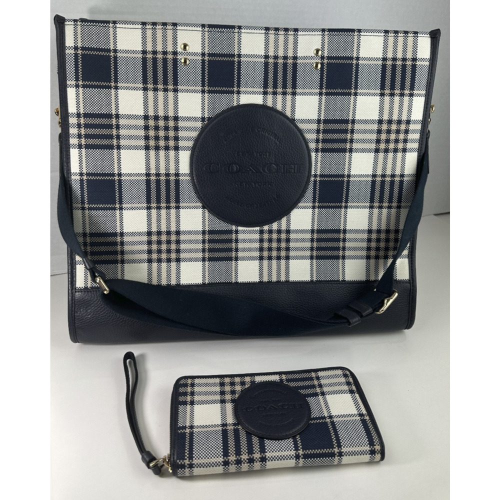 Coach Dempsey Garden Plaid Large Tote Bag W/ Matching Wallet in Navy Blue EUC - Picture 2 of 16